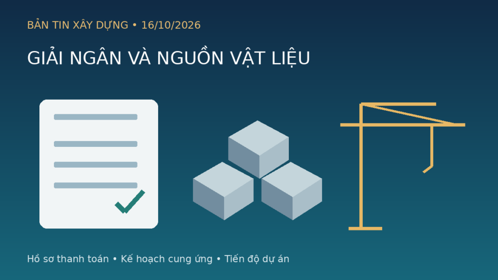 Minh họa hồ sơ thanh toán, vật liệu và cần trục cho bản tin xây dựng ngày 16/10/2026