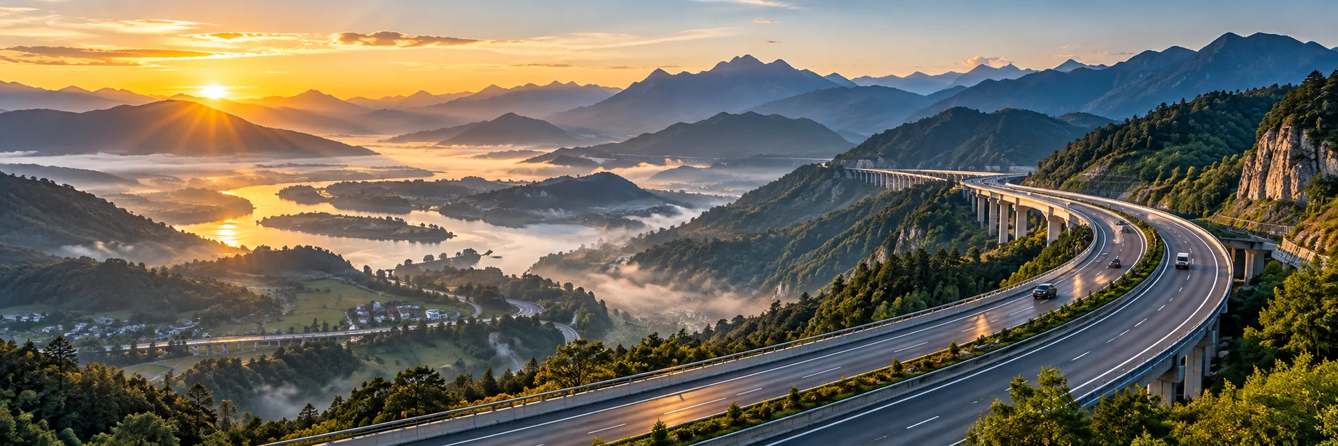 Cao tốc ven núi trong ánh bình minh, hình minh hoạ