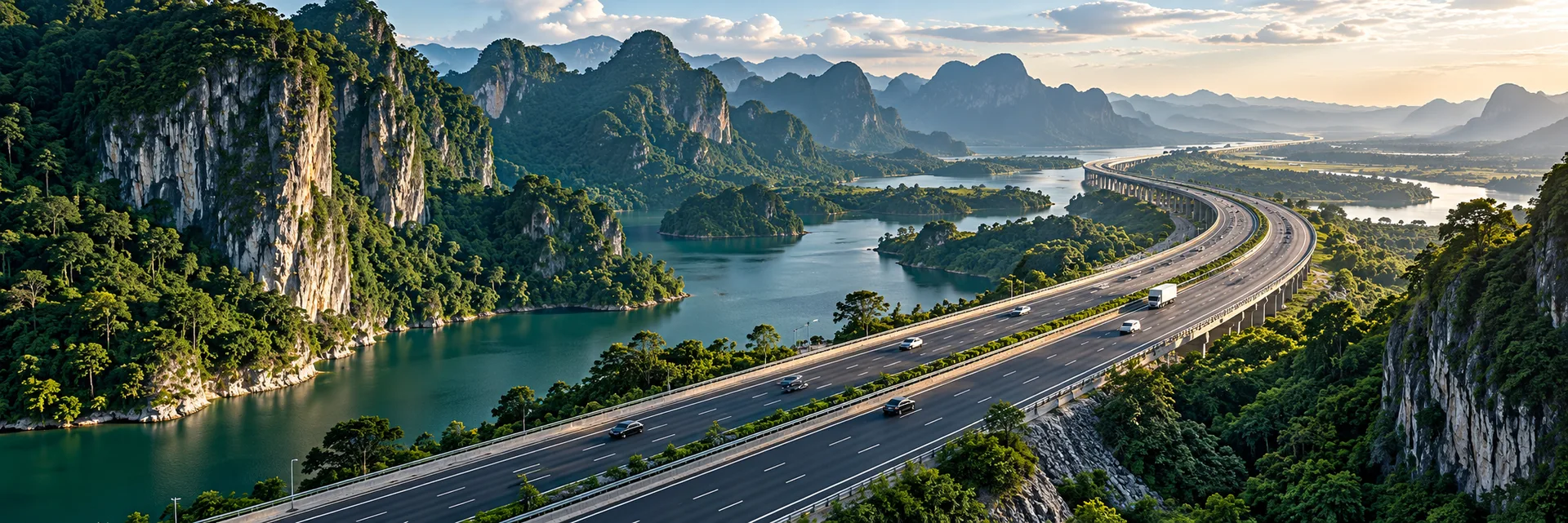 Đường cao tốc chạy giữa các dãy núi đá, hình minh hoạ