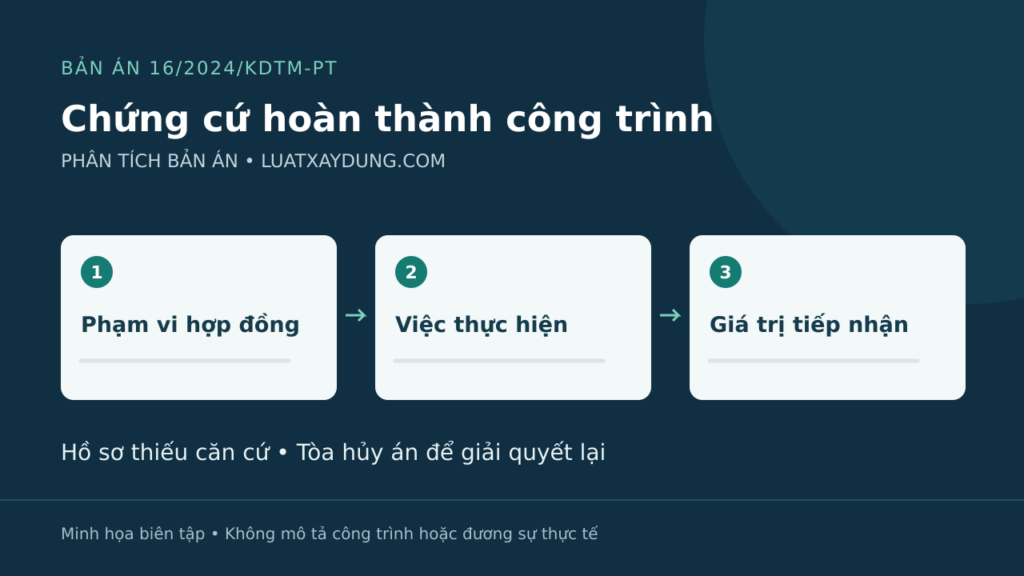 Sơ đồ liên kết phạm vi hợp đồng, việc thực hiện và giá trị tiếp nhận trong tranh chấp thanh toán xây dựng.
