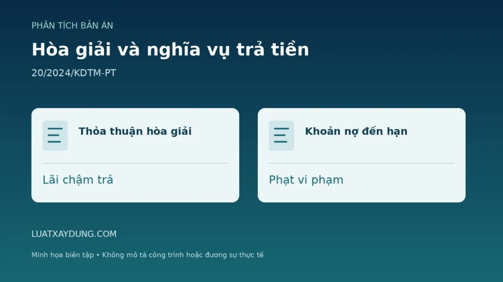 Minh họa hòa giải, khoản nợ đến hạn, lãi chậm trả và phạt vi phạm trong Bản án 20/2024/KDTM-PT.