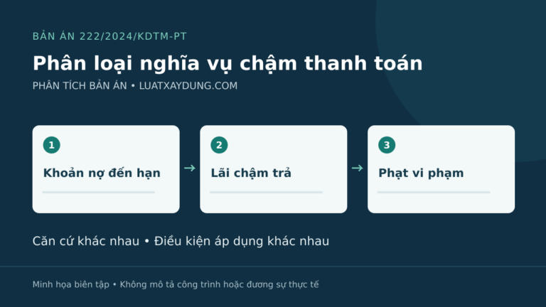 Sơ đồ phân biệt khoản nợ đến hạn, lãi chậm trả và phạt vi phạm trong tranh chấp hợp đồng xây dựng.