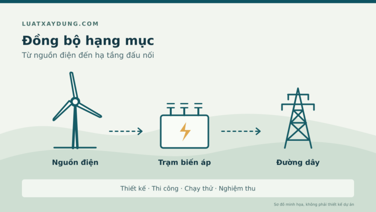 Sơ đồ minh họa tua-bin gió kết nối trạm biến áp và đường dây truyền tải