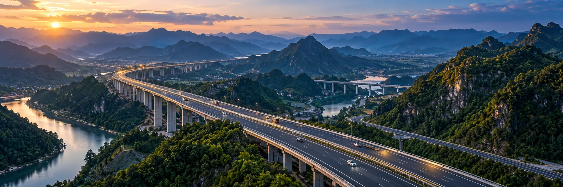 Đường cao tốc uốn dài ven núi dưới ánh hoàng hôn — hình minh hoạ