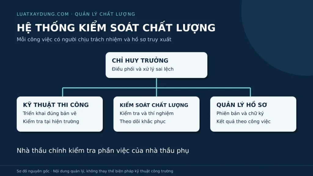 Sơ đồ tổ chức kiểm soát chất lượng nhà thầu với chỉ huy trưởng điều phối kỹ thuật thi công, kiểm soát chất lượng và quản lý hồ sơ, bao gồm kiểm tra thầu phụ.