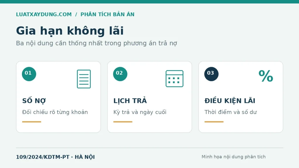 Ba yếu tố của phương án gia hạn nợ xây dựng: số nợ, lịch trả và điều kiện tính lãi.