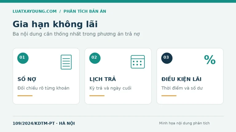 Ba yếu tố của phương án gia hạn nợ xây dựng: số nợ, lịch trả và điều kiện tính lãi.