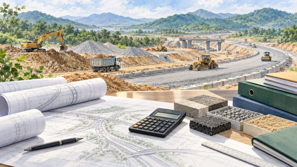 Minh họa xe vận chuyển đất trên công trường đường bộ và hồ sơ kiểm soát chi phí xây dựng