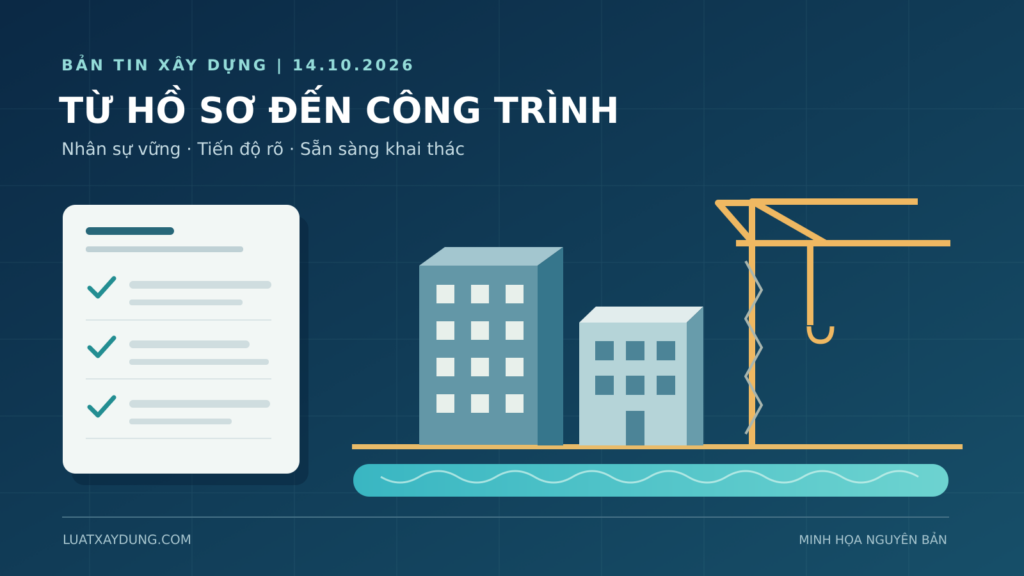 Hồ sơ có dấu kiểm bên cạnh nhà ở, cần cẩu và tuyến kênh minh họa tiến độ xây dựng
