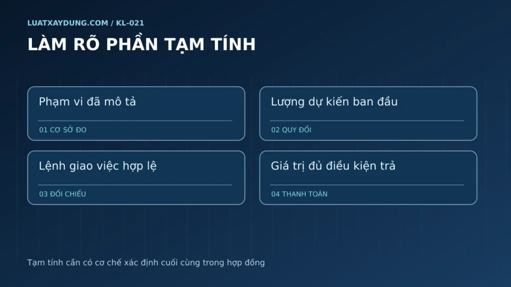 Bốn ô phân biệt phạm vi, lượng dự kiến, lệnh giao việc và giá trị được thanh toán.