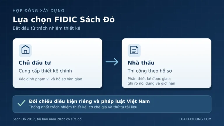 Sơ đồ chủ đầu tư cung cấp thiết kế chính, nhà thầu thi công và các nội dung cần thống nhất khi chọn FIDIC Sách Đỏ.