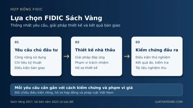 Sơ đồ lựa chọn FIDIC Sách Vàng nối yêu cầu chủ đầu tư, thiết kế nhà thầu và kiểm chứng đầu ra với phạm vi giá.