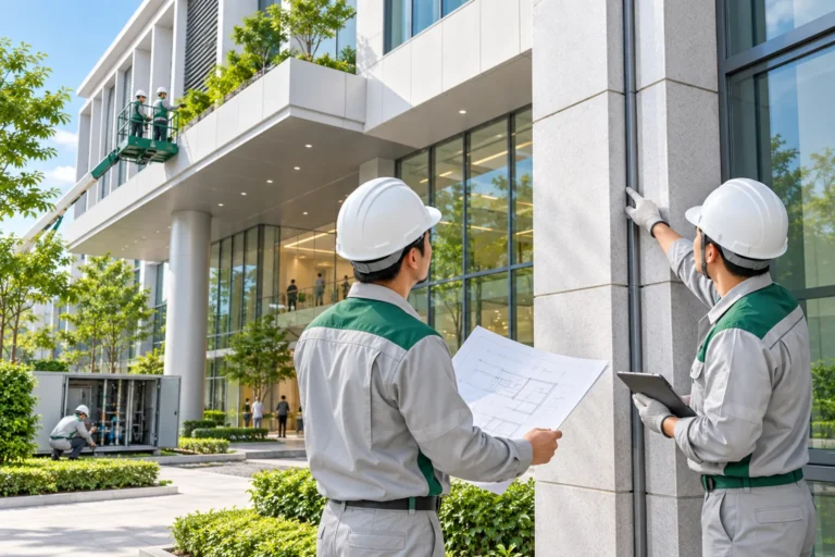 Minh họa kỹ sư kiểm tra kết cấu và thiết bị phục vụ bảo trì công trình
