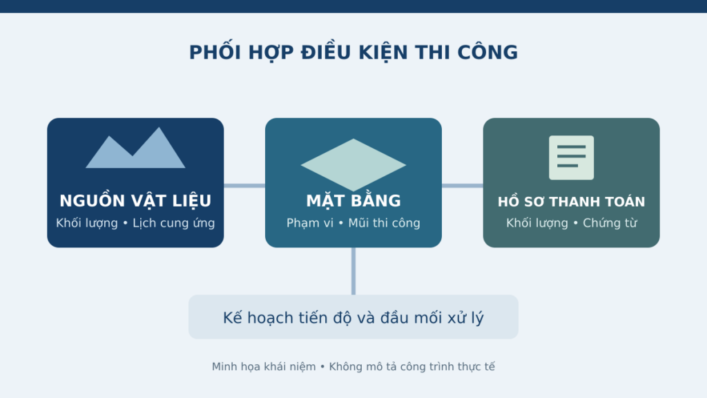 Sơ đồ minh họa sự phối hợp giữa nguồn vật liệu, mặt bằng và hồ sơ thanh toán trong quản lý dự án