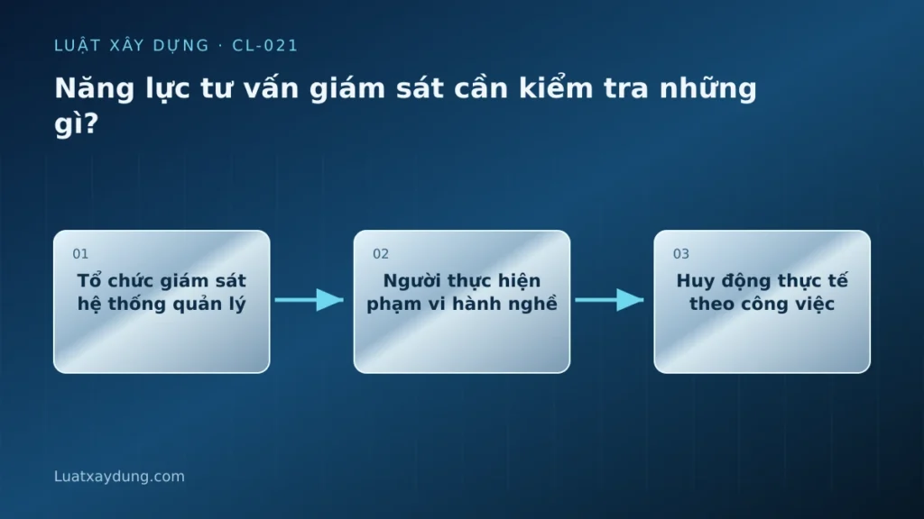 Sơ đồ năng lực tư vấn giám sát cần kiểm tra những gì?: Tổ chức giám sát hệ thống quản lý, Người thực hiện phạm vi hành nghề, Huy động thực tế theo công việc