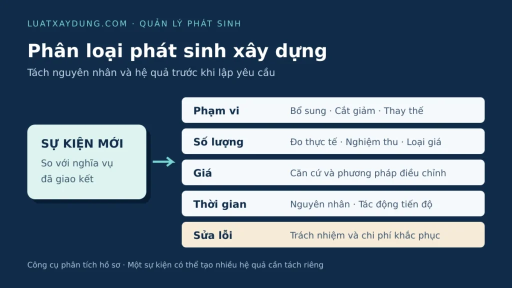 Sơ đồ phân tích một sự kiện công trường theo năm nội dung: phạm vi, số lượng, giá, thời gian và trách nhiệm sửa lỗi.