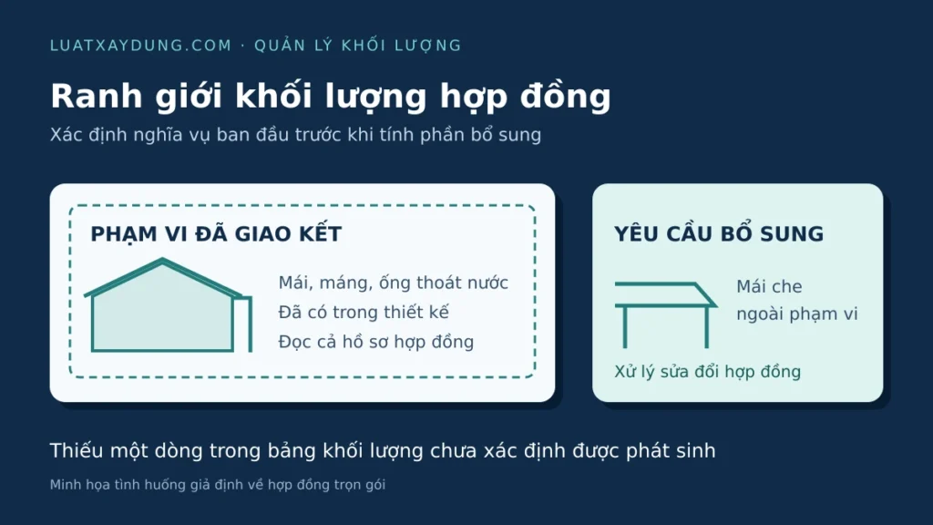 Sơ đồ phạm vi nhà kho đã giao kết gồm mái, máng và ống thoát nước, tách yêu cầu mái che bổ sung phải xử lý sửa đổi hợp đồng.