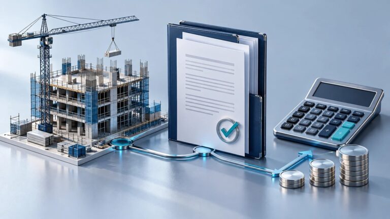 Mô hình công trình, hồ sơ nghiệm thu và máy tính minh họa thanh toán hợp đồng xây dựng