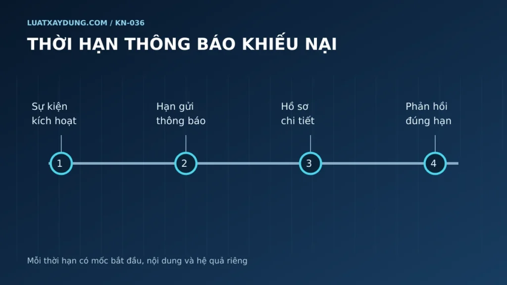 Dòng thời gian sự kiện, thông báo, hồ sơ chi tiết và phản hồi trong yêu cầu hợp đồng.