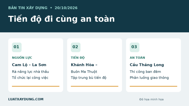 Đồ họa bản tin xây dựng 20/10 với ba nhóm việc: nguồn lực nhà thầu, tiến độ cao tốc và an toàn thi công.