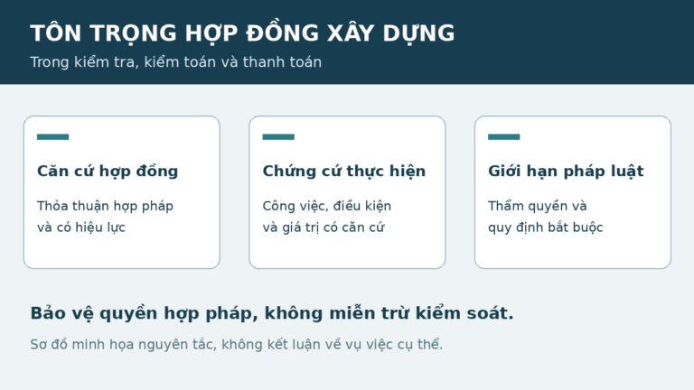 Sơ đồ liên hệ căn cứ hợp đồng, chứng cứ thực hiện và giới hạn pháp luật khi kiểm tra, thanh toán