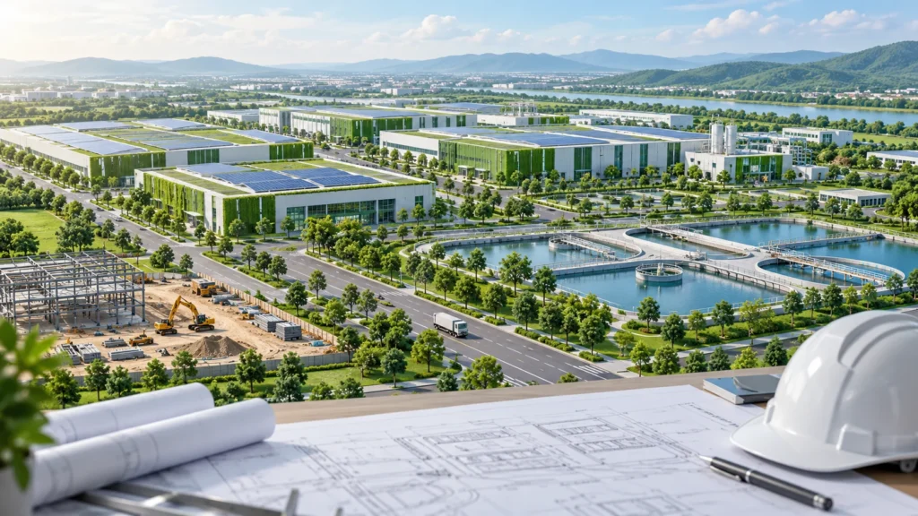 Minh họa khu công nghiệp xanh với mái điện mặt trời, hệ thống xử lý nước và công trường xây dựng