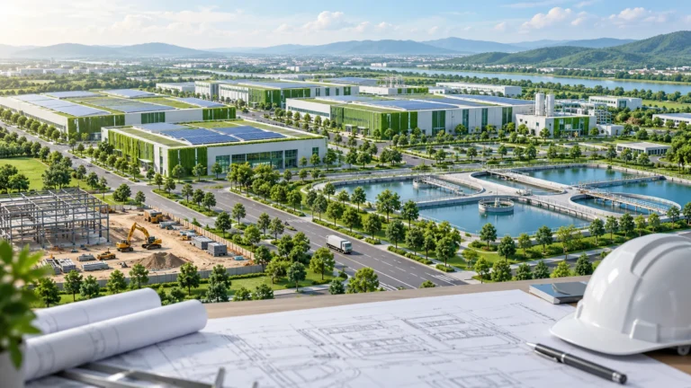 Minh họa khu công nghiệp xanh với mái điện mặt trời, hệ thống xử lý nước và công trường xây dựng